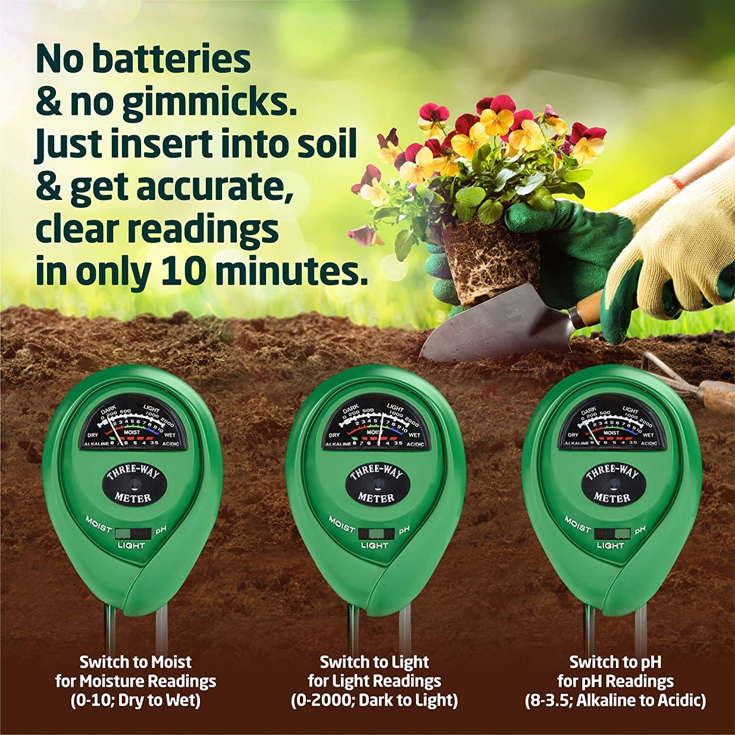 Promote Plants Healthy Growth 3 in 1 Soil Tester Moisture Sensor Meter/Soil pH Meter/Sunlight for Home Garden Lawn Farm 